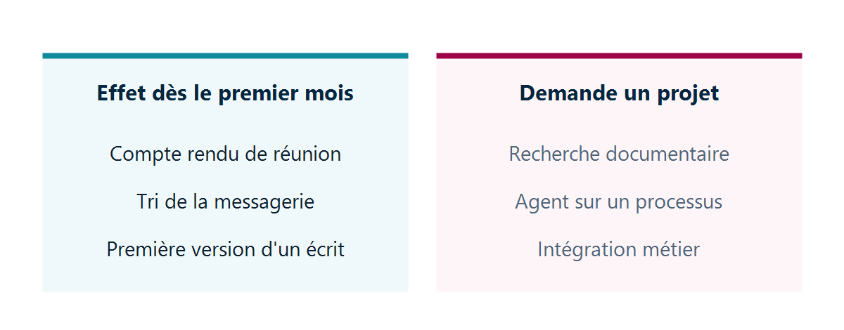 Deux colonnes : usages avec effet dès le premier mois — compte rendu de réunion, tri de la messagerie, première version d'un écrit — et usages qui demandent un projet — recherche documentaire, agent sur un processus, intégration métier.